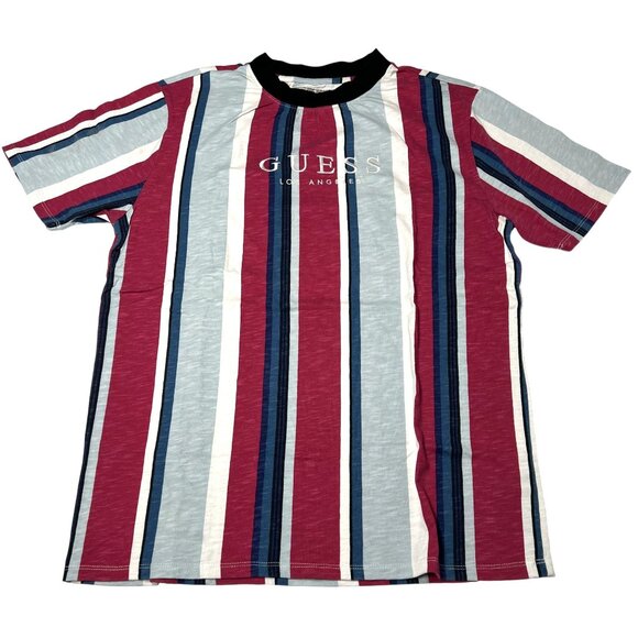 Guess Originals Sayer Logo Shirt in Pink Blue Stripe - Picture 1 of 4